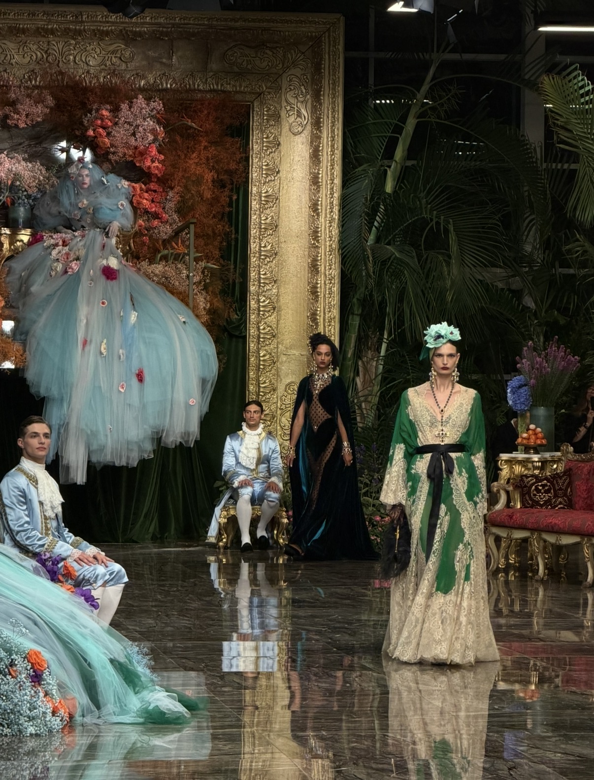 Models in Alta Moda couture during the Dolce & Gabbana presentation in Taormina