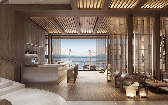 An Aman-styled yacht interior opening to the sea